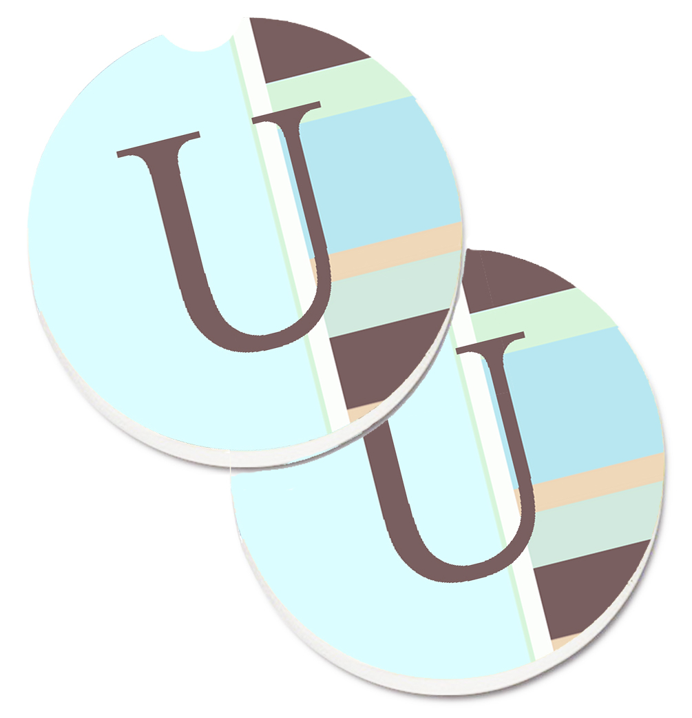 Letter U Initial Monogram Blue Stripes Set of 2 Cup Holder Car Coaster