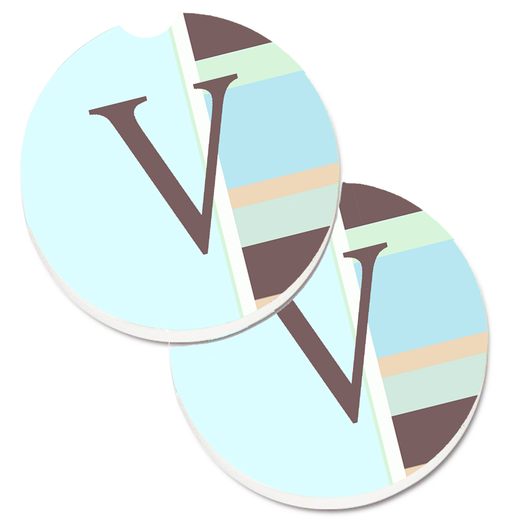 CJ1003-VCARC Letter V Initial Monogram Blue Stripes Set of 2 Cup Holder Car Coaster