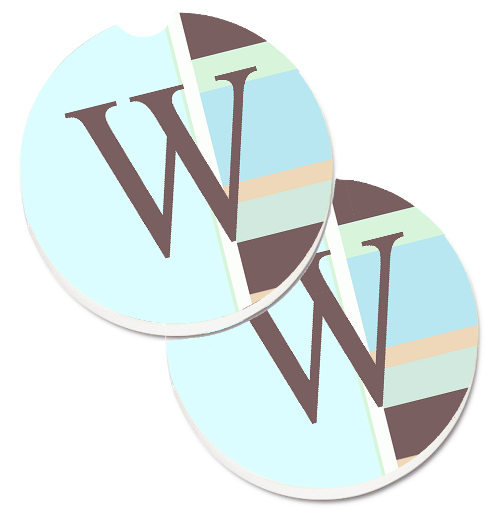 CJ1003-WCARC Letter W Initial Monogram Blue Stripes Set of 2 Cup Holder Car Coaster