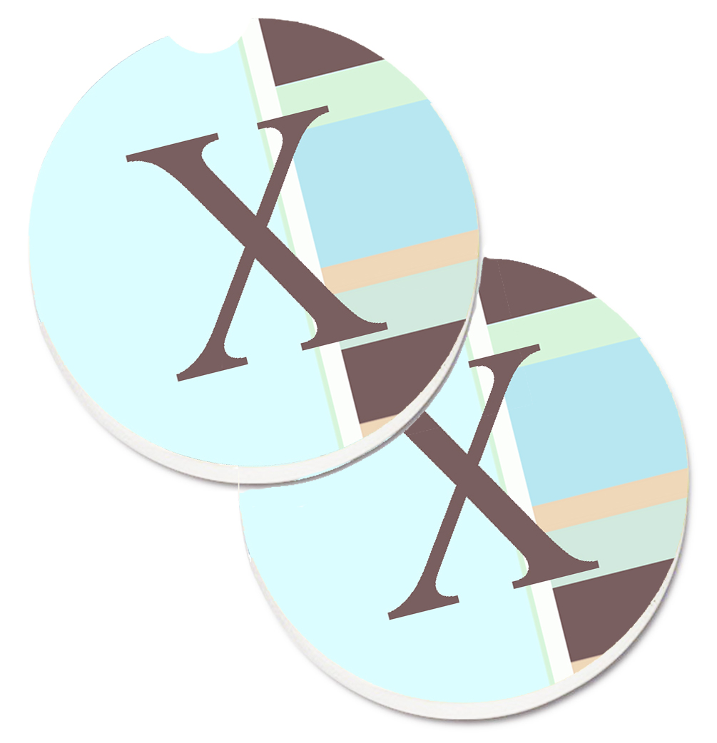 Letter X Initial Monogram Blue Stripes Set of 2 Cup Holder Car Coaster