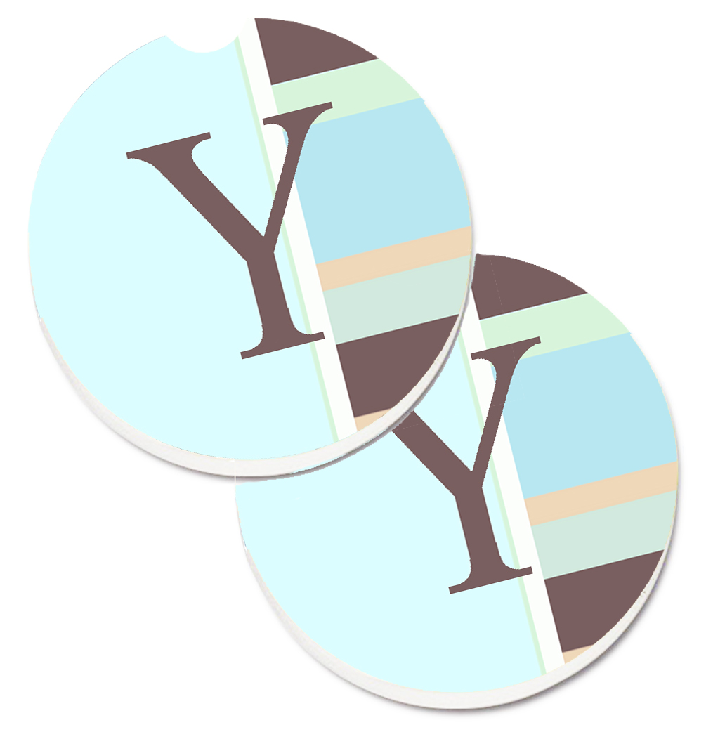 CJ1003-YCARC Letter Y Initial Monogram Blue Stripes Set of 2 Cup Holder Car Coaster