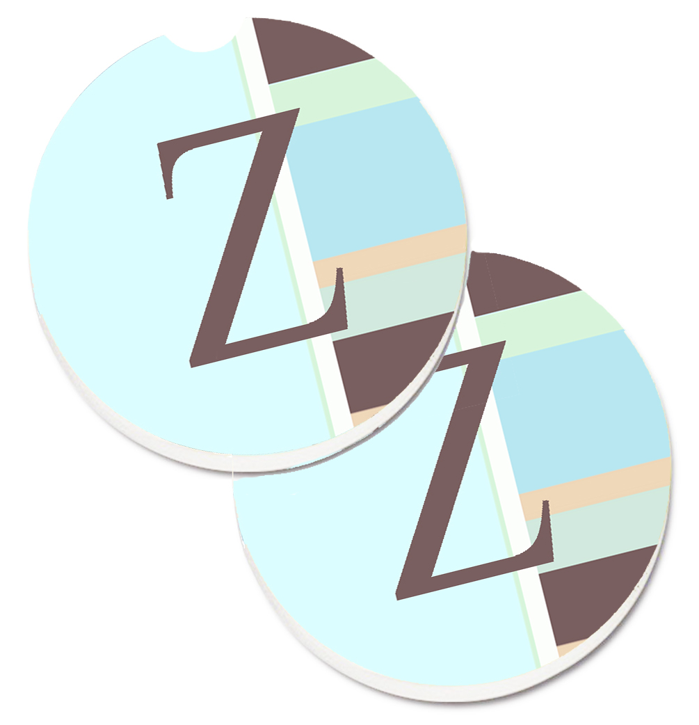 Letter Z Initial Monogram Blue Stripes Set of 2 Cup Holder Car Coaster