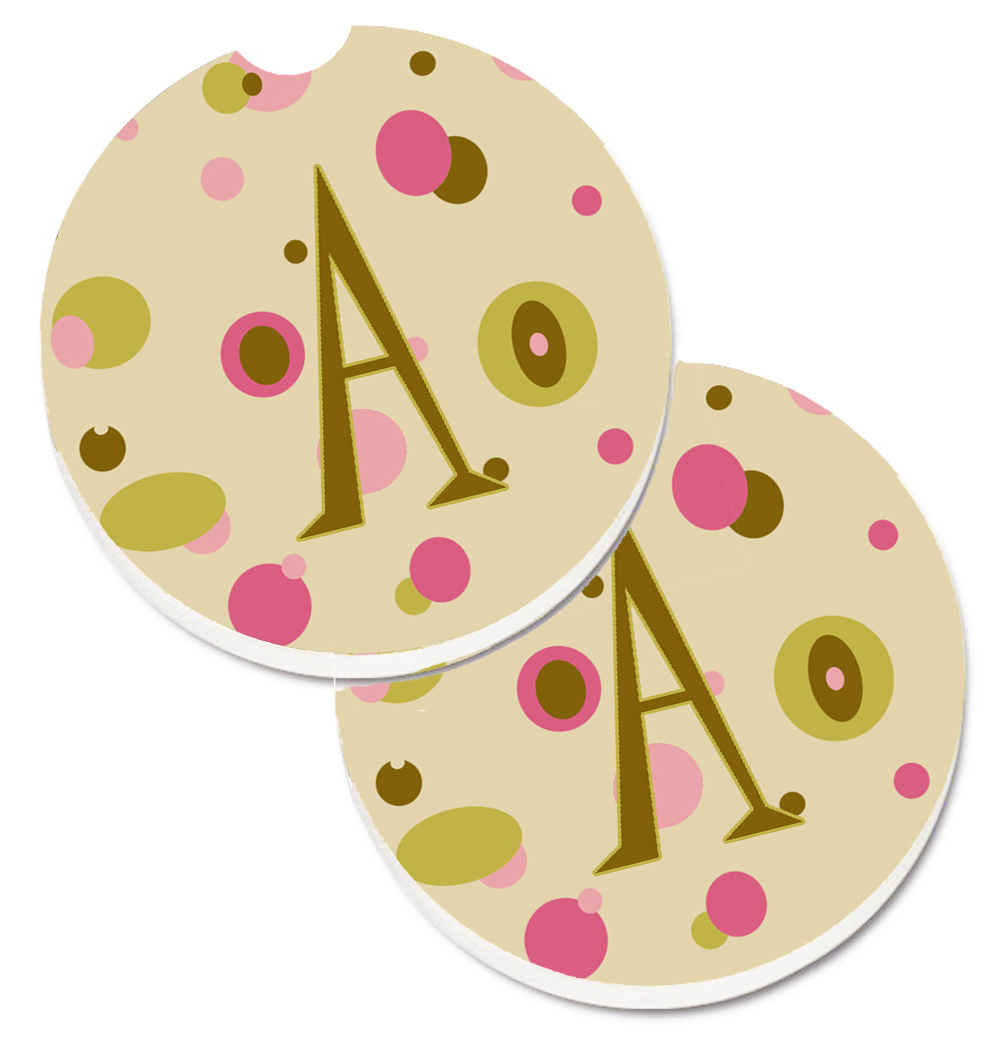 CJ1004-ACARC Letter A Monogram Tan Dots Set of 2 Cup Holder Car Coaster