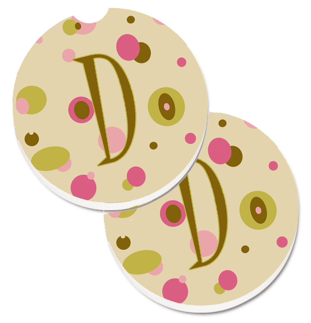 CJ1004-DCARC Letter D Initial Monogram Tan Dots Set of 2 Cup Holder Car Coaster