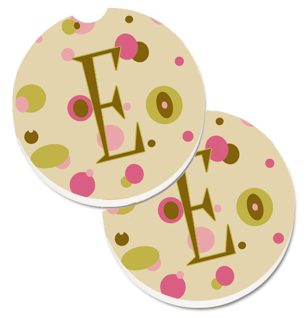 CJ1004-ECARC Letter E Initial Monogram Tan Dots Set of 2 Cup Holder Car Coaster