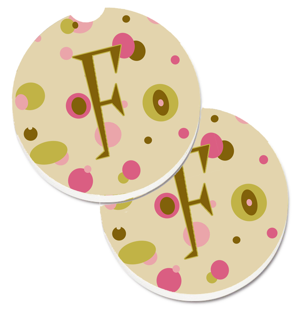 Letter F Initial Monogram Tan Dots Set of 2 Cup Holder Car Coaster - Tan - 2.5in. H x 0.25in. W x 2.5in. L