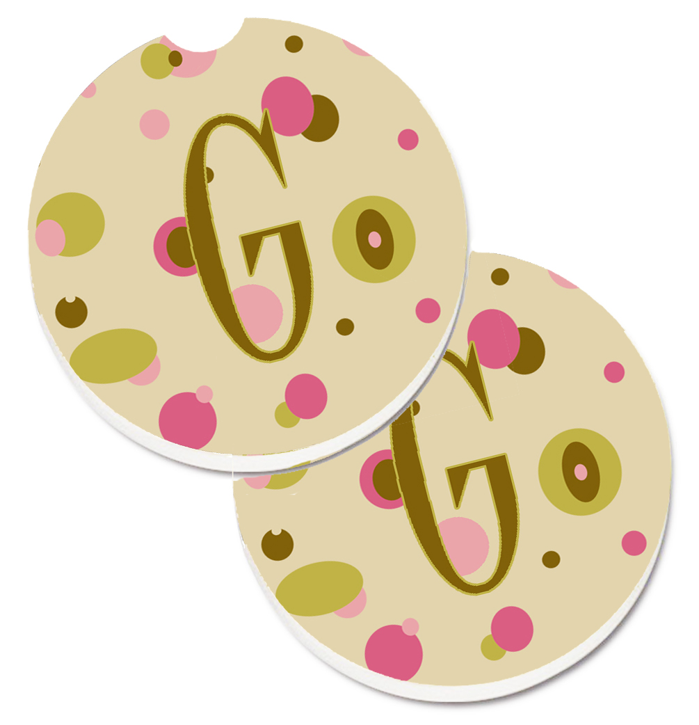 CJ1004-GCARC Letter G Initial Monogram Tan Dots Set of 2 Cup Holder Car Coaster