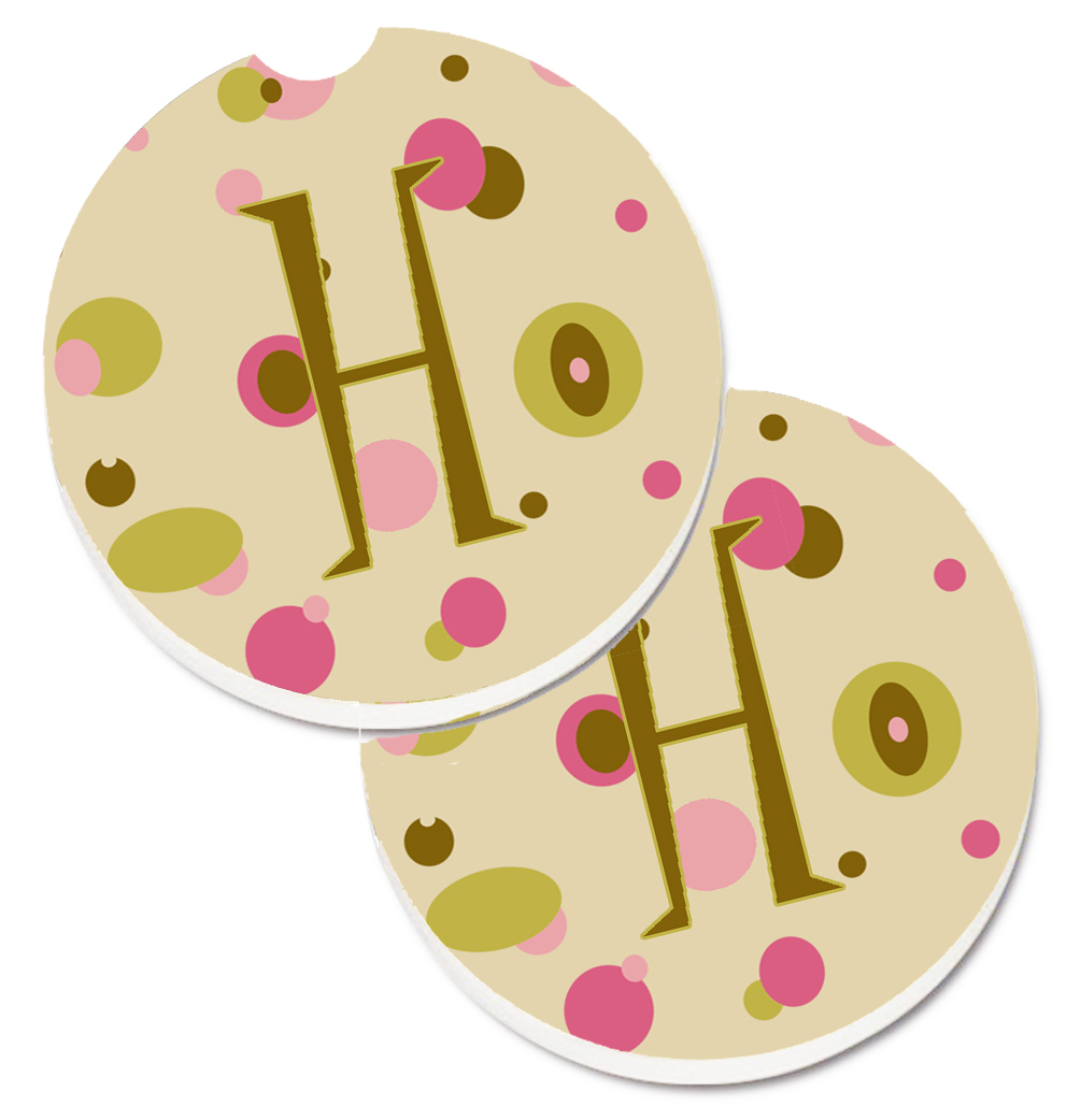 CJ1004-HCARC Letter H Initial Monogram Tan Dots Set of 2 Cup Holder Car Coaster