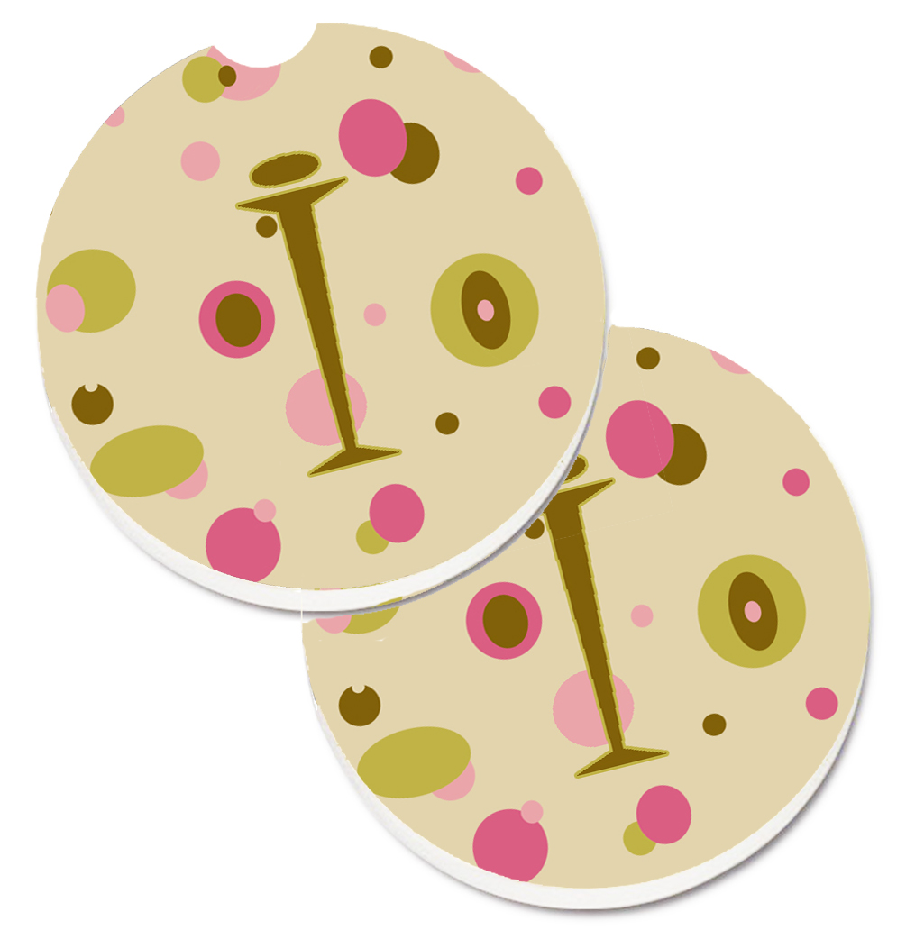 Letter I Initial Monogram Tan Dots Set of 2 Cup Holder Car Coaster