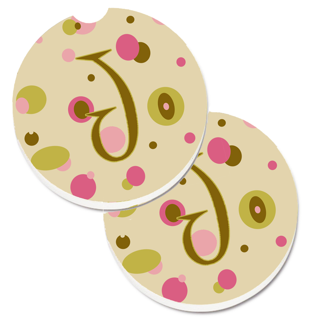CJ1004-JCARC Letter J Initial Monogram Tan Dots Set of 2 Cup Holder Car Coaster