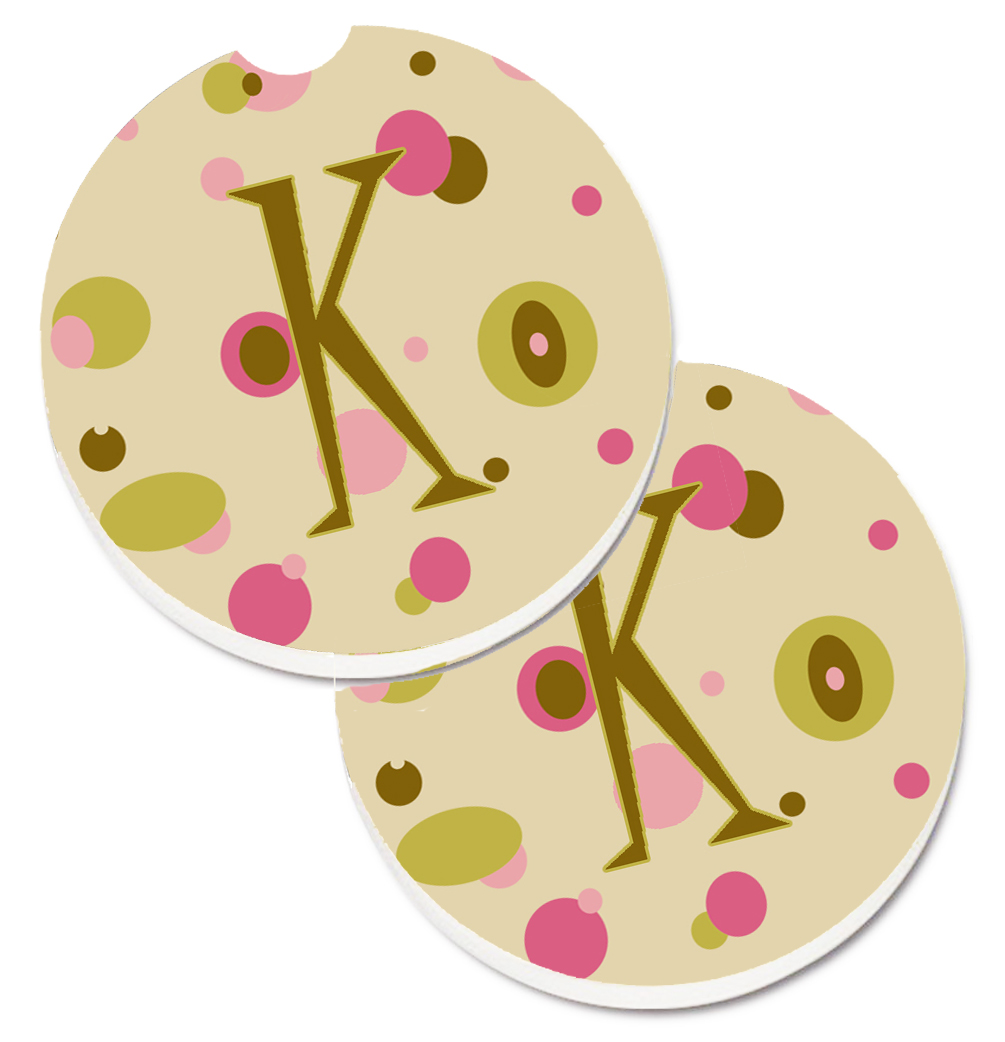CJ1004-KCARC Letter K Initial Monogram Tan Dots Set of 2 Cup Holder Car Coaster