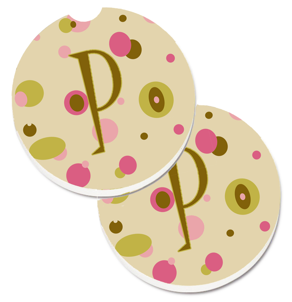 CJ1004-PCARC Letter P Initial Monogram Tan Dots Set of 2 Cup Holder Car Coaster