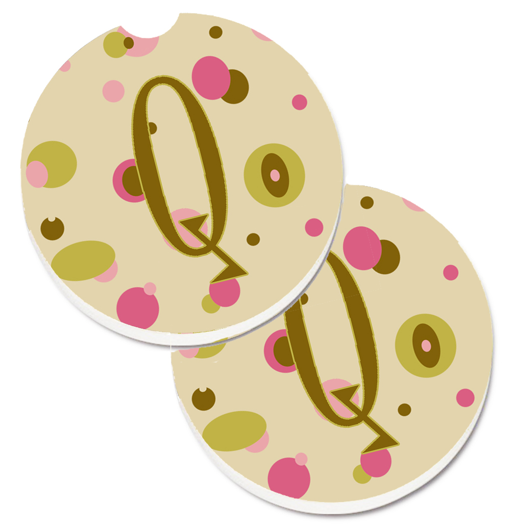 Letter Q Initial Monogram Tan Dots Set of 2 Cup Holder Car Coaster
