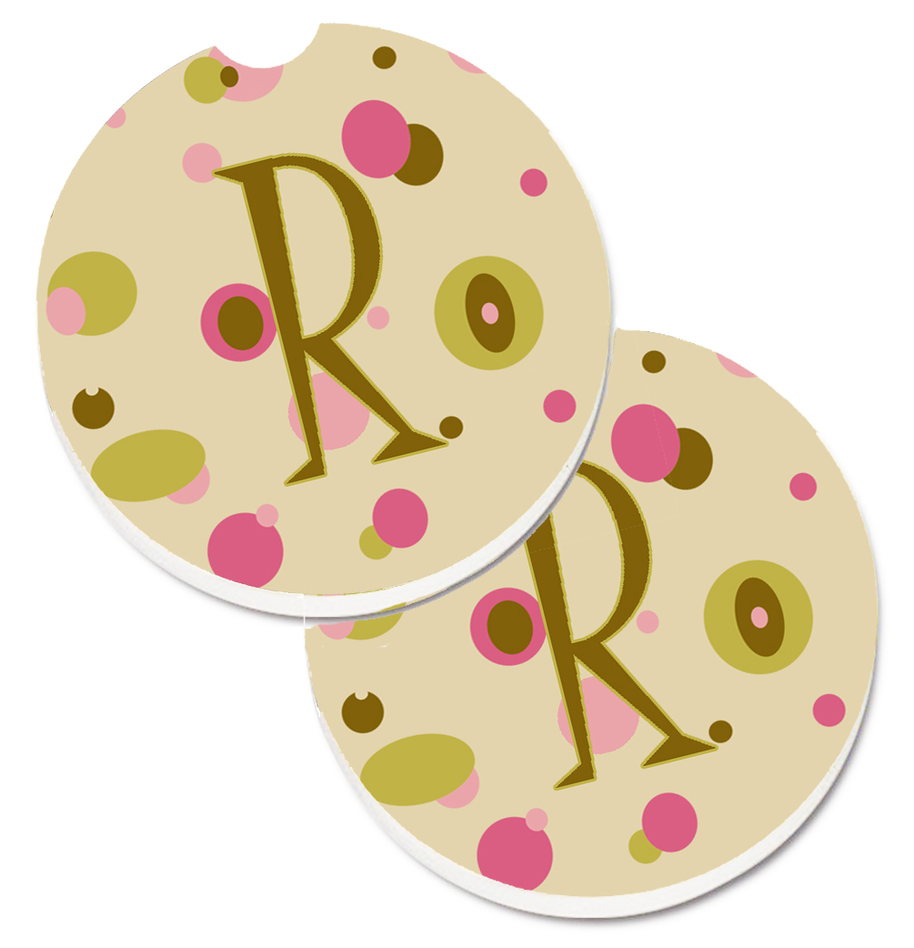 CJ1004-RCARC Letter R Initial Monogram Tan Dots Set of 2 Cup Holder Car Coaster