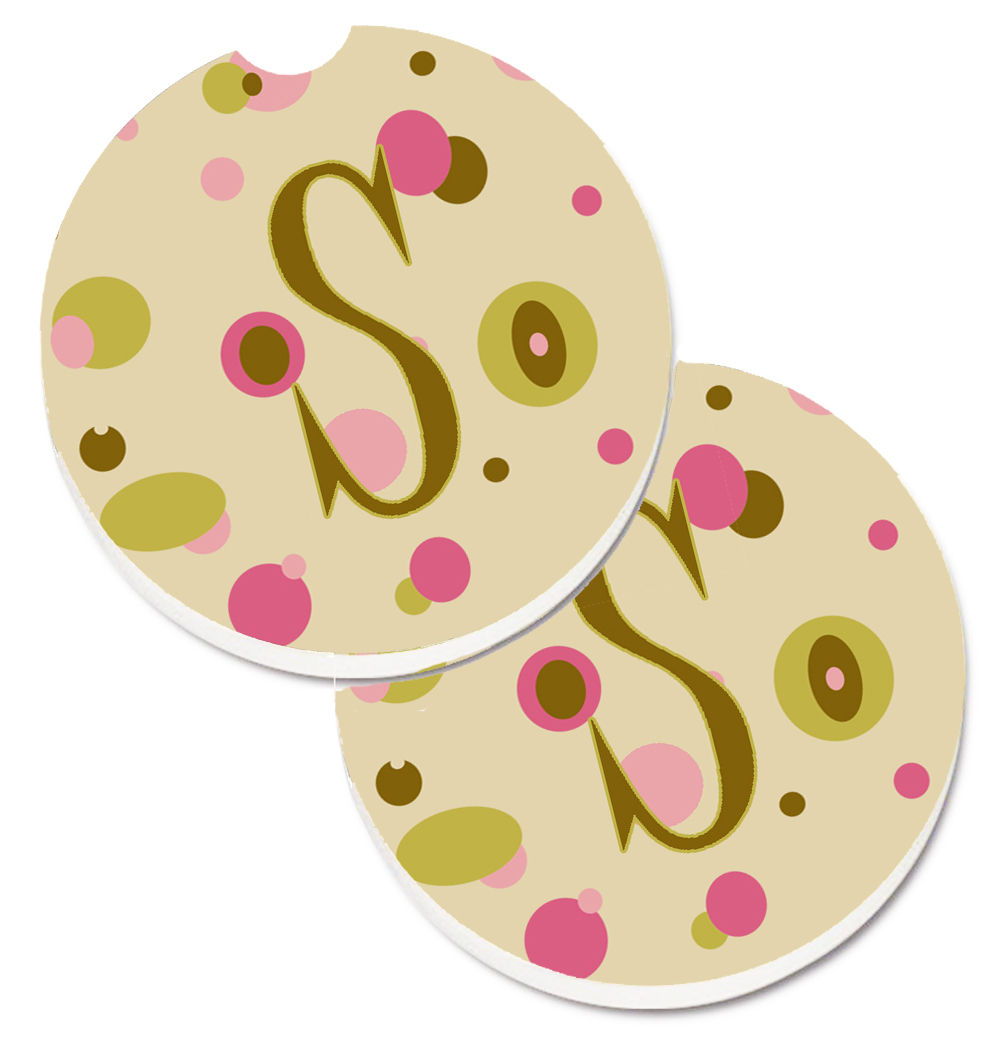 CJ1004-SCARC Letter S Initial Monogram Tan Dots Set of 2 Cup Holder Car Coaster