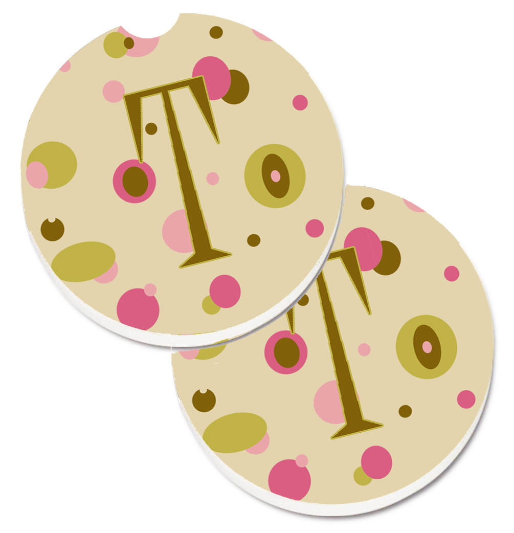 CJ1004-TCARC Letter T Initial Monogram Tan Dots Set of 2 Cup Holder Car Coaster