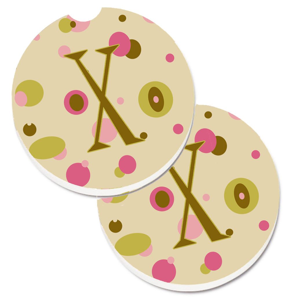 CJ1004-XCARC Letter X Initial Monogram Tan Dots Set of 2 Cup Holder Car Coaster
