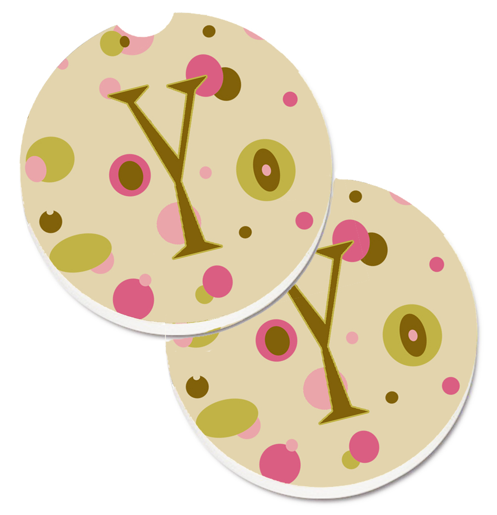 CJ1004-YCARC Letter Y Initial Monogram Tan Dots Set of 2 Cup Holder Car Coaster