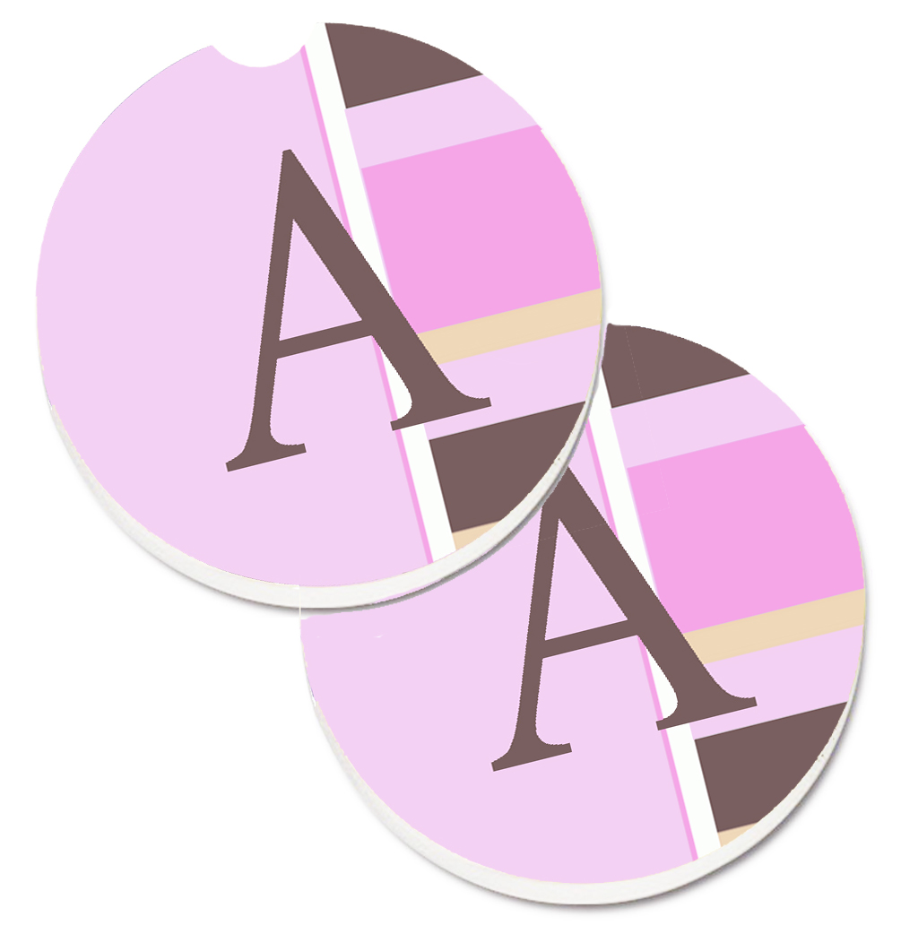 Letter A Monogram Pink Stripes Set of 2 Cup Holder Car Coaster