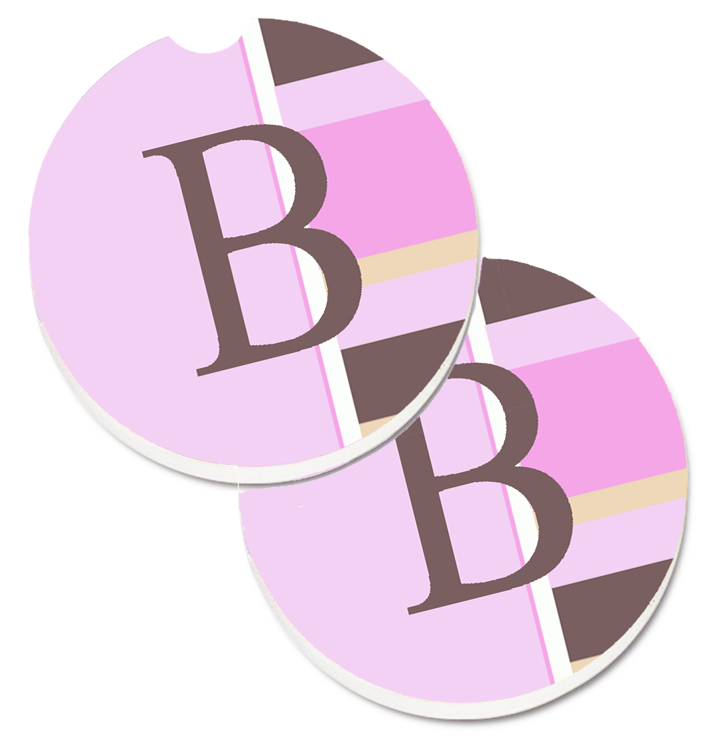 CJ1005-BCARC Letter B Initial Monogram Pink Stripes Set of 2 Cup Holder Car Coaster