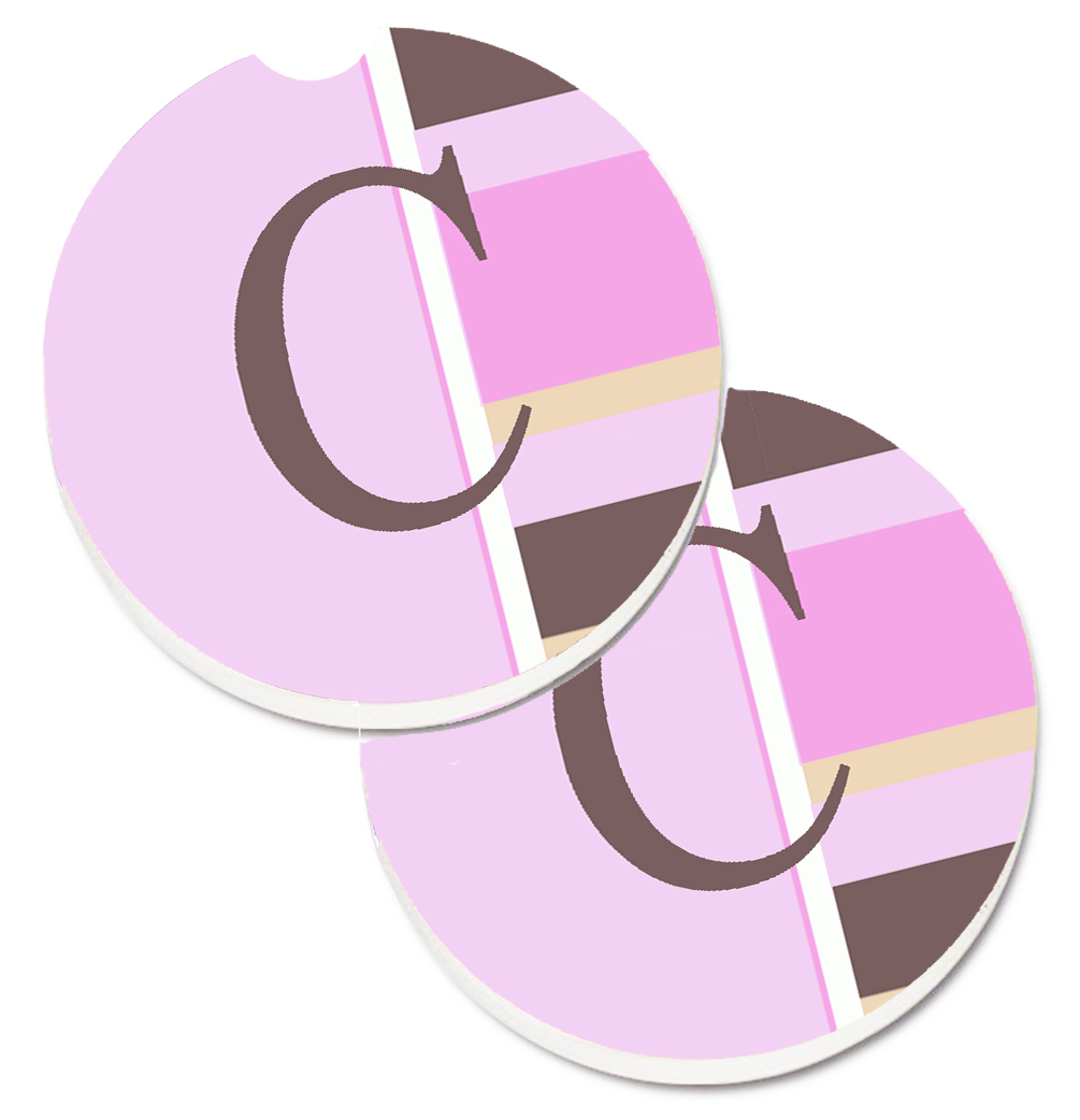 Letter C Initial Monogram Pink Stripes Set of 2 Cup Holder Car Coaster