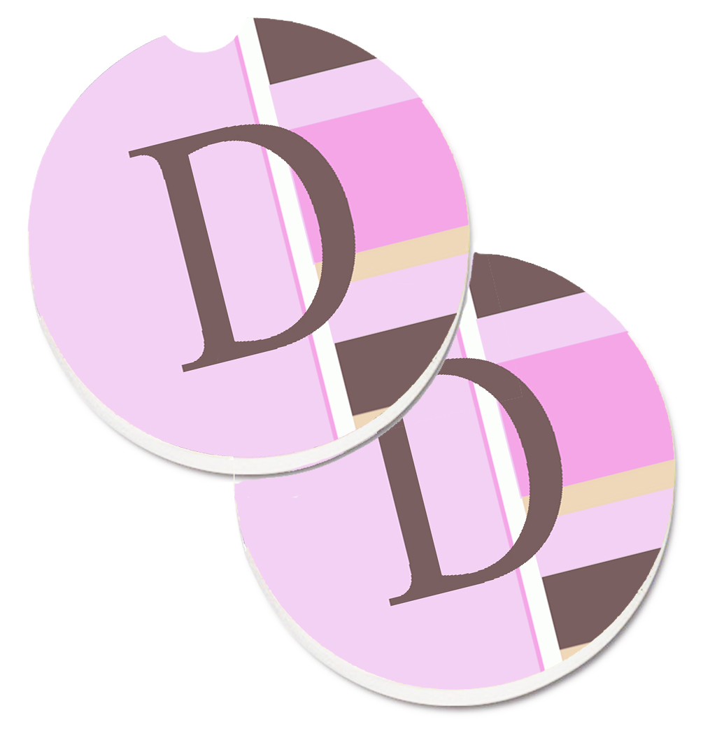 Letter D Initial Monogram Pink Stripes Set of 2 Cup Holder Car Coaster