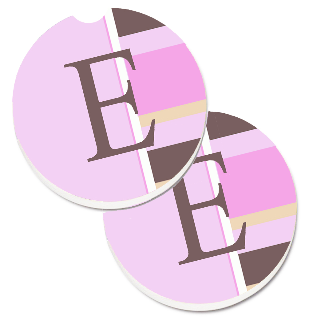Letter E Initial Monogram Pink Stripes Set of 2 Cup Holder Car Coaster