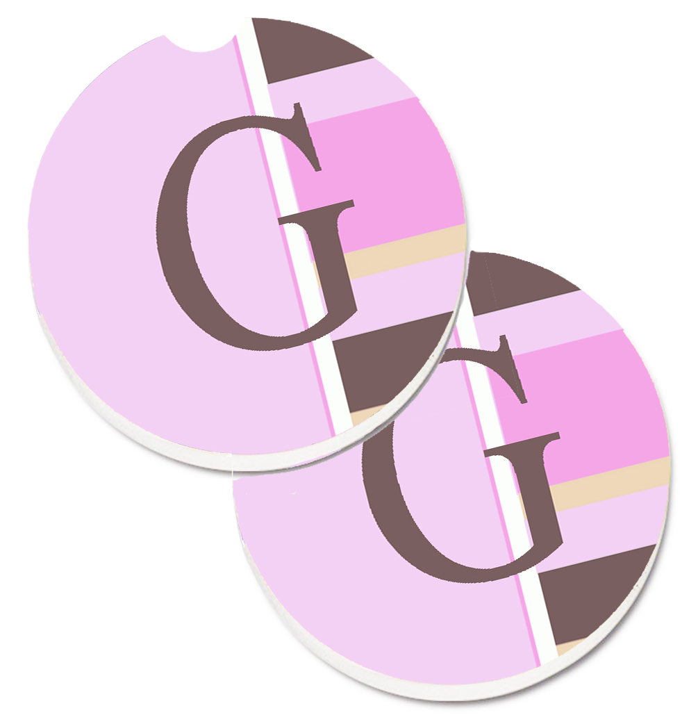CJ1005-GCARC Letter G Initial Monogram Pink Stripes Set of 2 Cup Holder Car Coaster