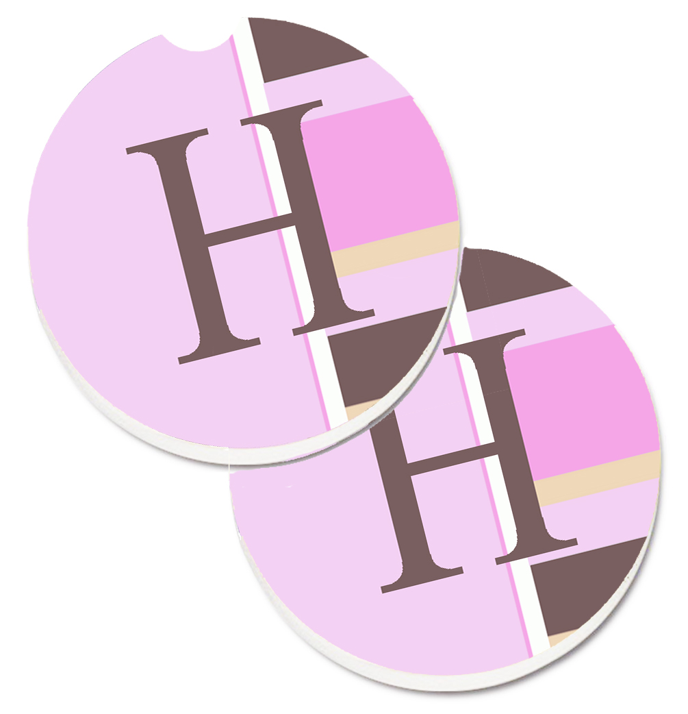 CJ1005-HCARC Letter H Initial Monogram Pink Stripes Set of 2 Cup Holder Car Coaster