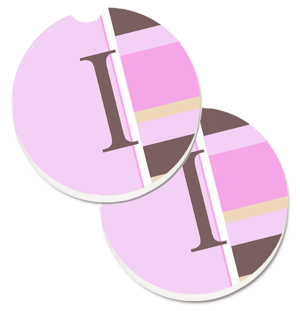 CJ1005-ICARC Letter I Initial Monogram Pink Stripes Set of 2 Cup Holder Car Coaster