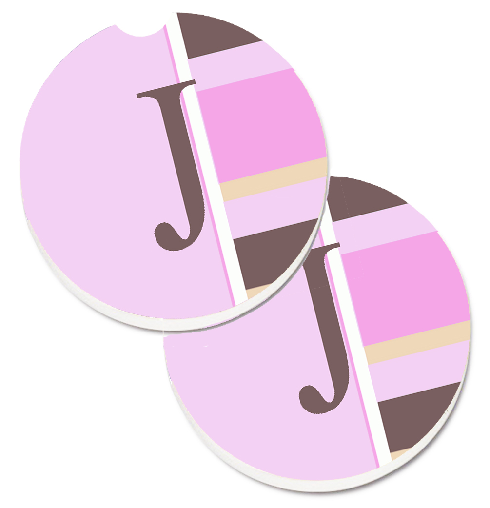Letter J Initial Monogram Pink Stripes Set of 2 Cup Holder Car Coaster