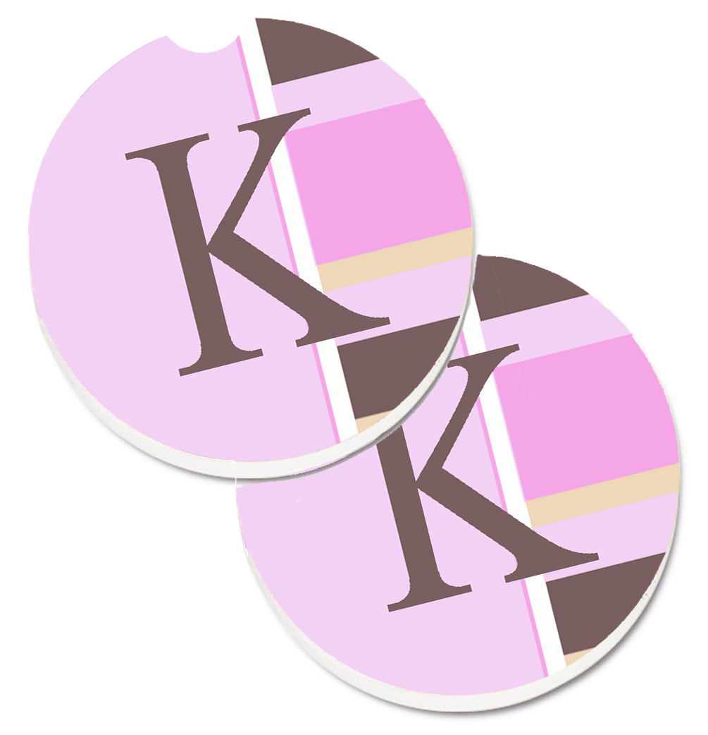 CJ1005-KCARC Letter K Initial Monogram Pink Stripes Set of 2 Cup Holder Car Coaster