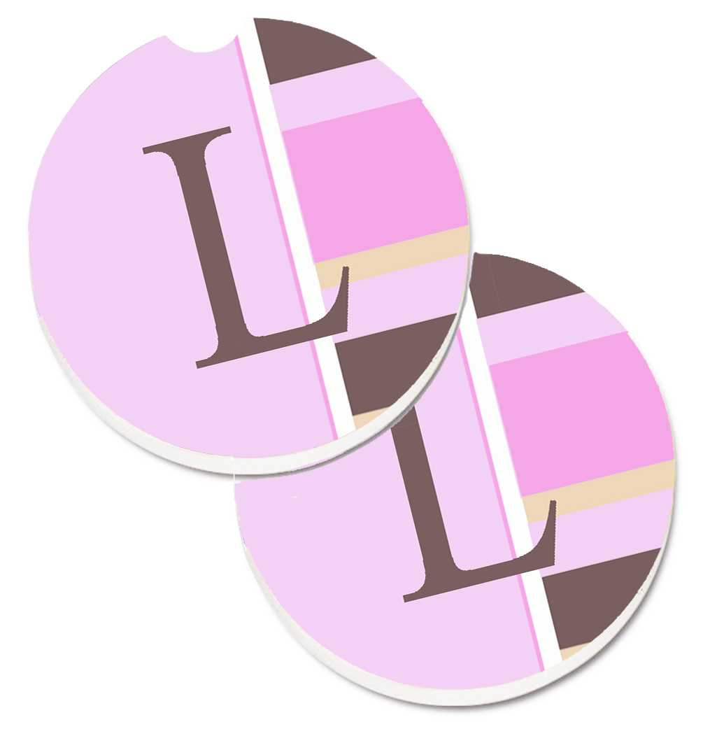 Letter L Initial Monogram Pink Stripes Set of 2 Cup Holder Car Coaster