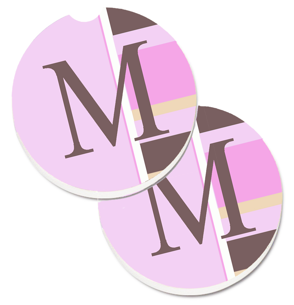 CJ1005-MCARC Letter M Initial Monogram Pink Stripes Set of 2 Cup Holder Car Coaster