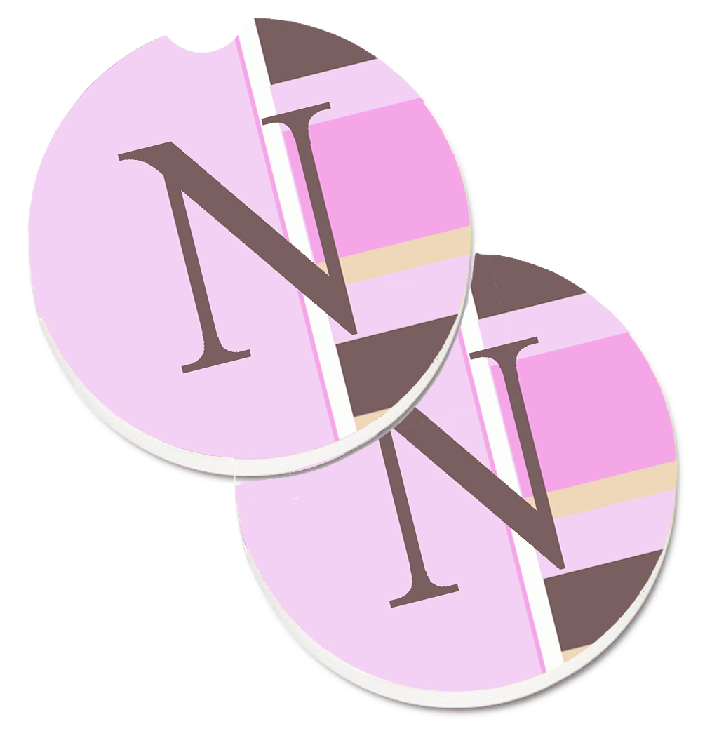 Letter N Initial Monogram Pink Stripes Set of 2 Cup Holder Car Coaster - Pink