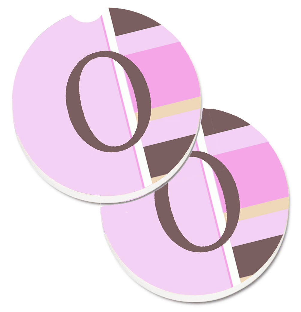 CJ1005-OCARC Letter O Initial Monogram Pink Stripes Set of 2 Cup Holder Car Coaster