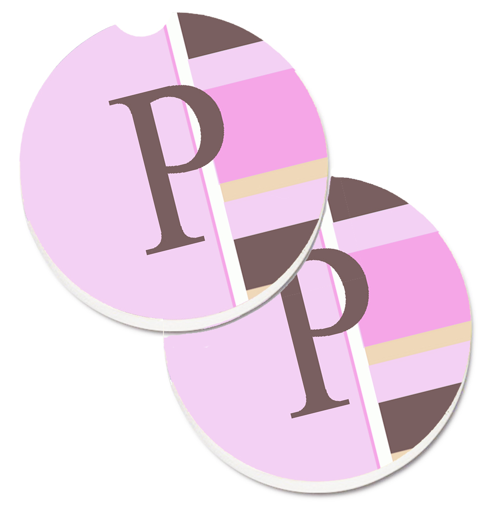 CJ1005-PCARC Letter P Initial Monogram Pink Stripes Set of 2 Cup Holder Car Coaster