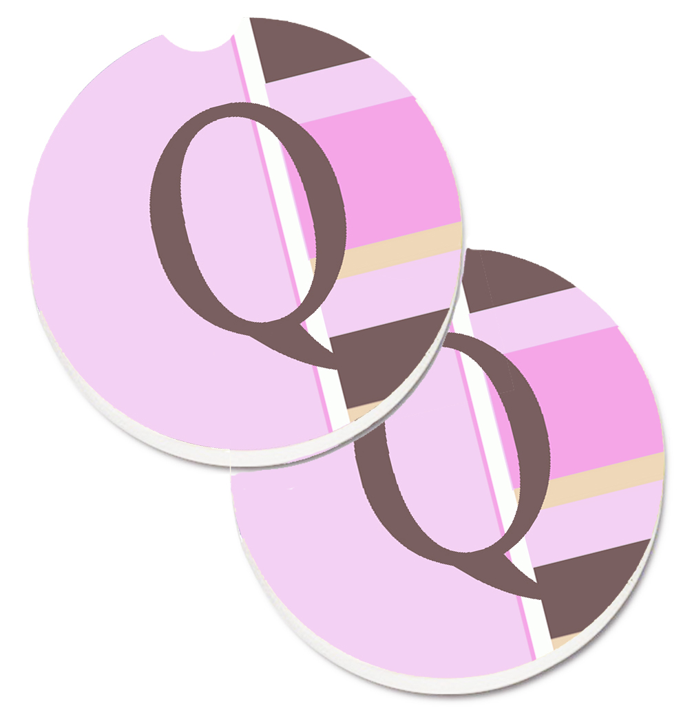 Letter Q Initial Monogram Pink Stripes Set of 2 Cup Holder Car Coaster