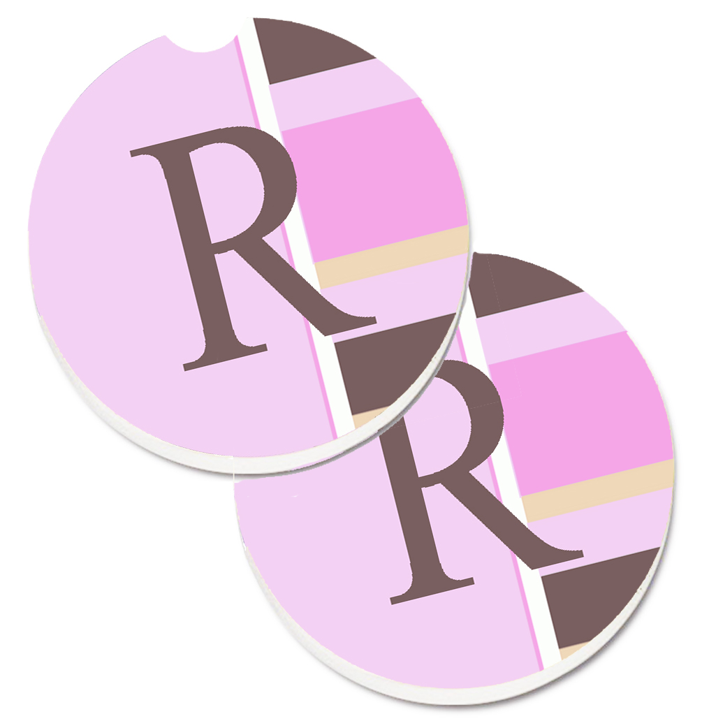 Letter R Initial Monogram Pink Stripes Set of 2 Cup Holder Car Coaster