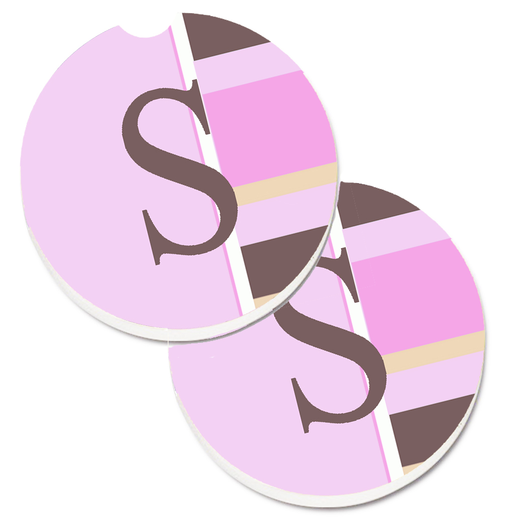 Letter S Initial Monogram Pink Stripes Set of 2 Cup Holder Car Coaster