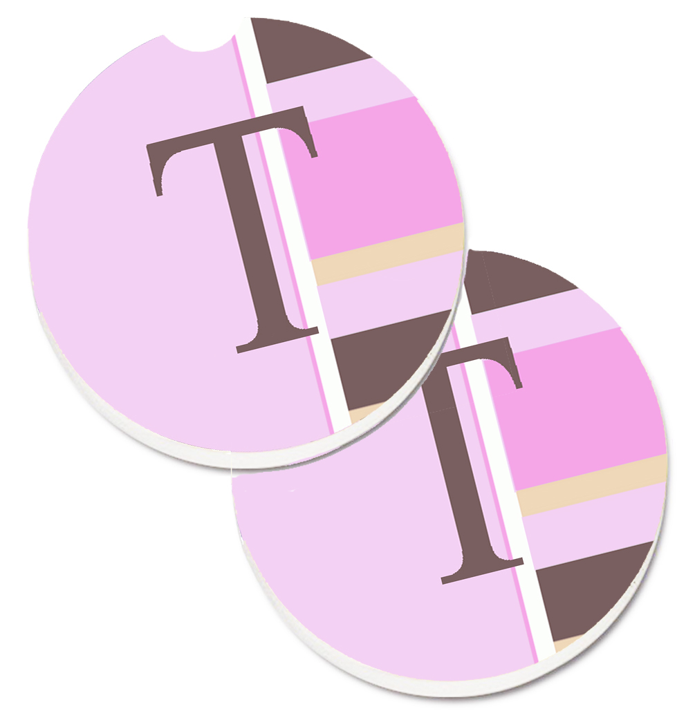 CJ1005-TCARC Letter T Initial Monogram Pink Stripes Set of 2 Cup Holder Car Coaster