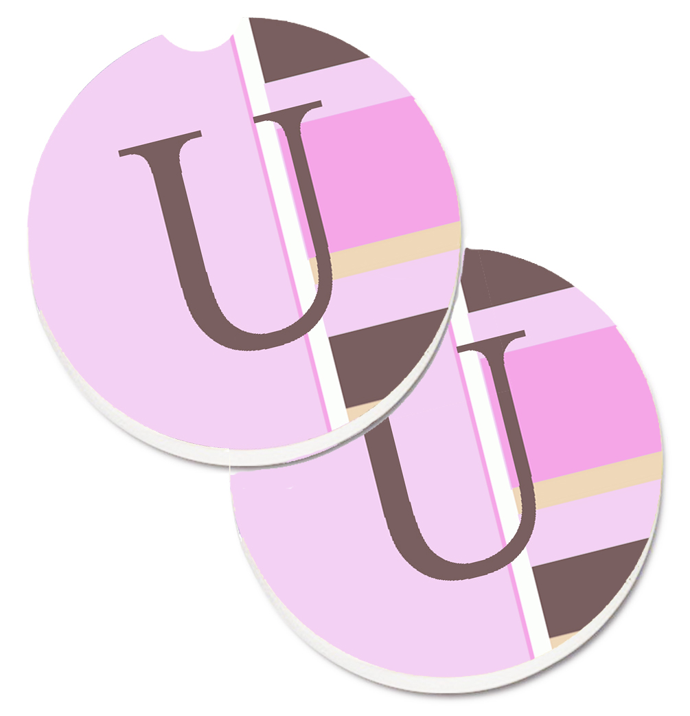 CJ1005-UCARC Letter U Initial Monogram Pink Stripes Set of 2 Cup Holder Car Coaster