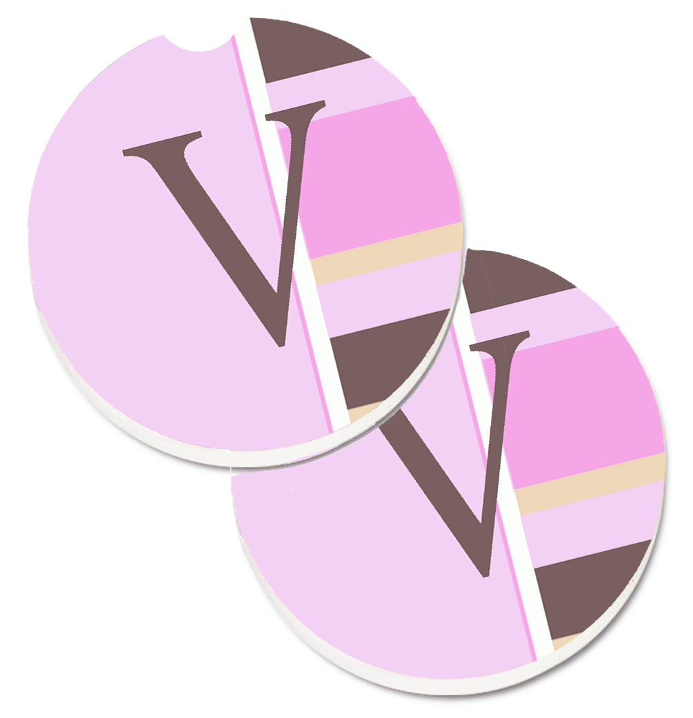CJ1005-VCARC Letter V Initial Monogram Pink Stripes Set of 2 Cup Holder Car Coaster