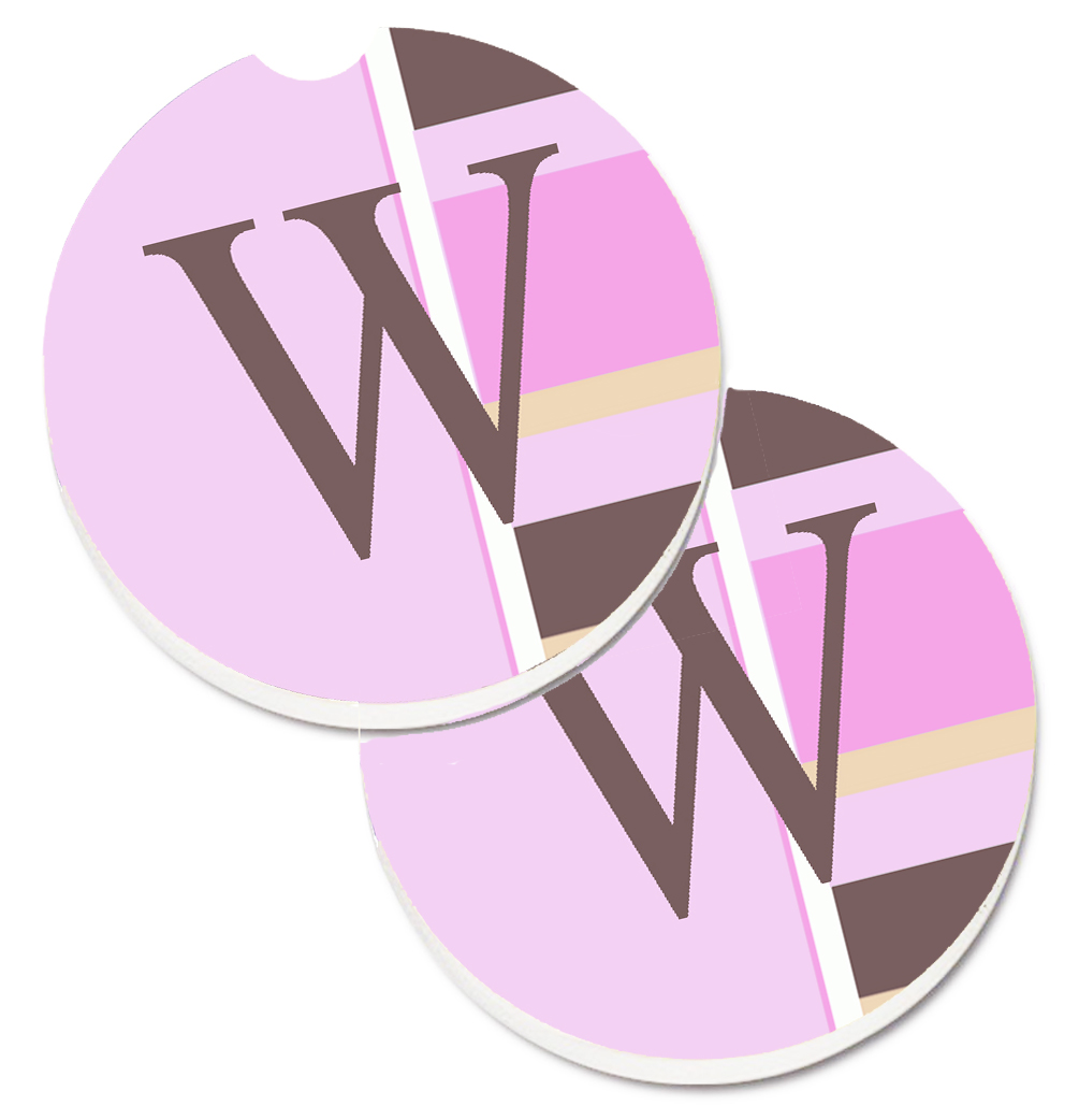 Letter W Initial Monogram Pink Stripes Set of 2 Cup Holder Car Coaster