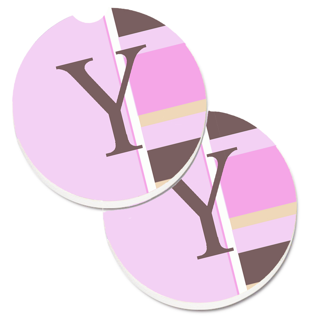 Letter Y Initial Monogram Pink Stripes Set of 2 Cup Holder Car Coaster