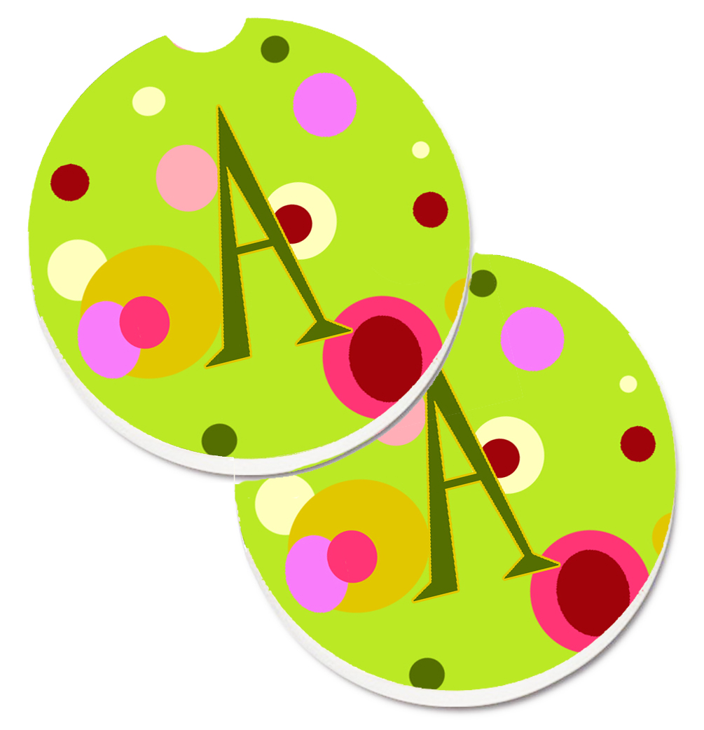 CJ1010-ACARC Letter A Monogram Lime Green Set of 2 Cup Holder Car Coaster