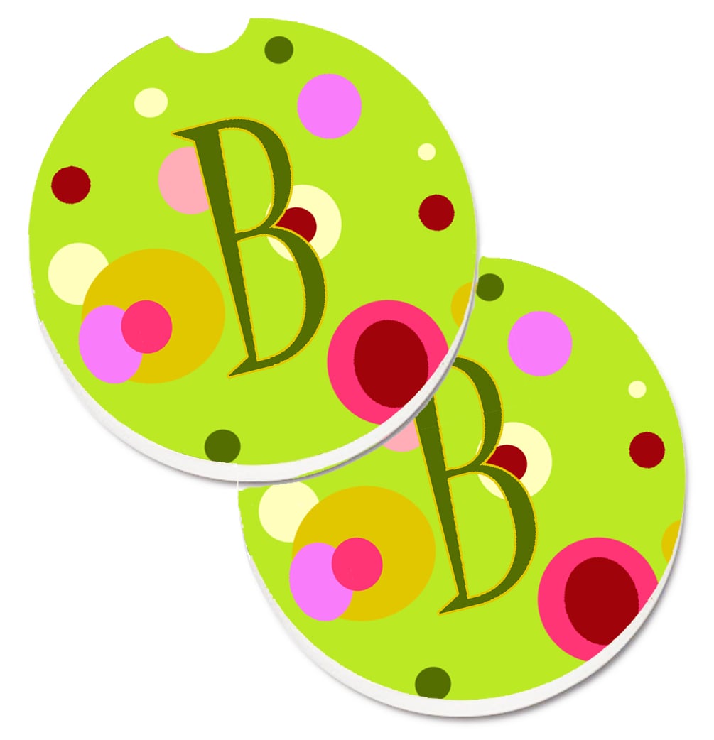 Letter B Monogram Lime Green Set of 2 Cup Holder Car Coaster