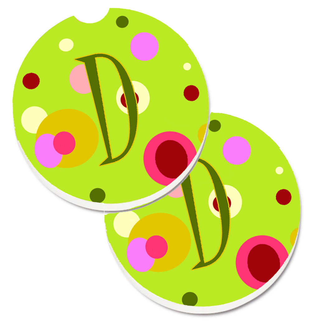 Letter D Monogram Lime Green Set of 2 Cup Holder Car Coaster