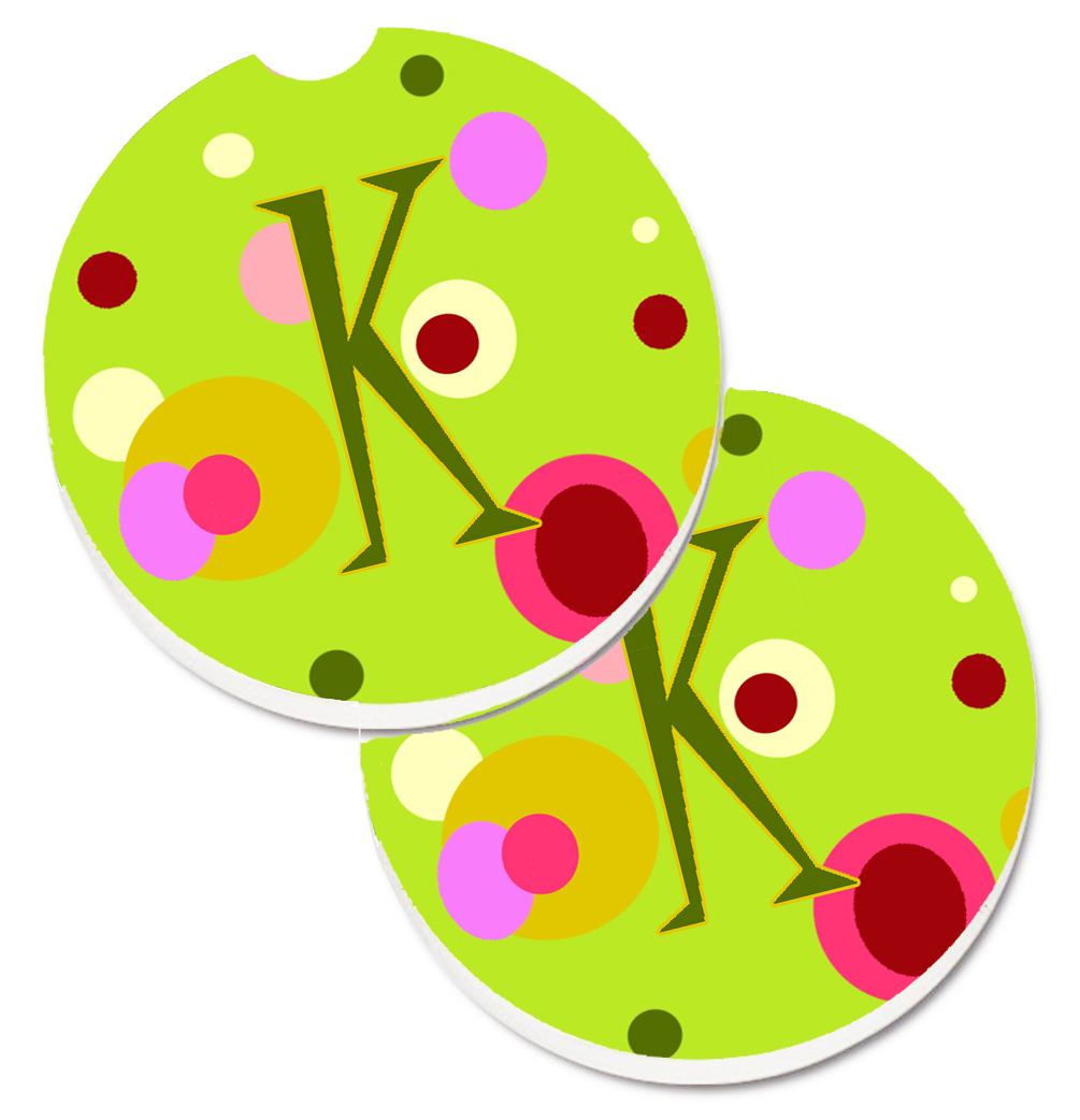 Letter K Monogram Lime Green Set of 2 Cup Holder Car Coaster