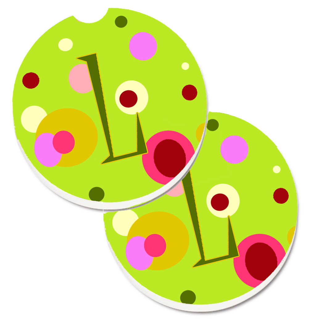 Letter L Monogram Lime Green Set of 2 Cup Holder Car Coaster